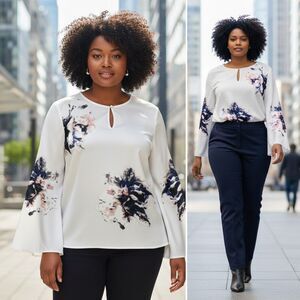 Vince Camuto Plus Floral Tunic Blouse Sz 2XL Bell Sleeve Office Career White Art